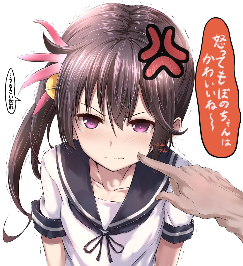 &gt;:| 1girl akebono_(kantai_collection) anger_vein bell blush brown_hair cheek_poking collarbone commentary flower hair_between_eyes hair_flower hair_ornament jingle_bell kantai_collection long_hair looking_at_viewer motion_lines poking pov pov_hands sailor_collar school_uniform serafuku shirt short_sleeves side_ponytail simple_background solo_focus speech_bubble tai_(nazutai) talking tears text translated trembling tsurime upper_body violet_eyes wavy_mouth white_background white_shirt