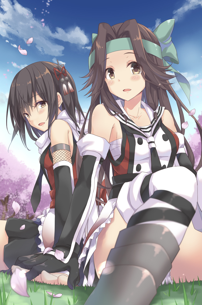 2girls bandages bare_shoulders black_gloves black_hair black_skirt blue_sky blush breasts brown_eyes brown_hair buttons cherry_blossoms clouds detached_sleeves elbow_gloves fingerless_gloves forehead_protector frills gloves grass hachimaki hair_intakes hair_ornament half_updo headband holding_hands jintsuu_(kantai_collection) kantai_collection knees_together_feet_apart long_hair looking_back multiple_girls open_mouth outdoors panties petals remodel_(kantai_collection) sarashi scarf school_uniform sendai_(kantai_collection) serafuku sitting skirt sky takanashi_haruto thigh-highs tree two_side_up underwear white_legwear white_scarf