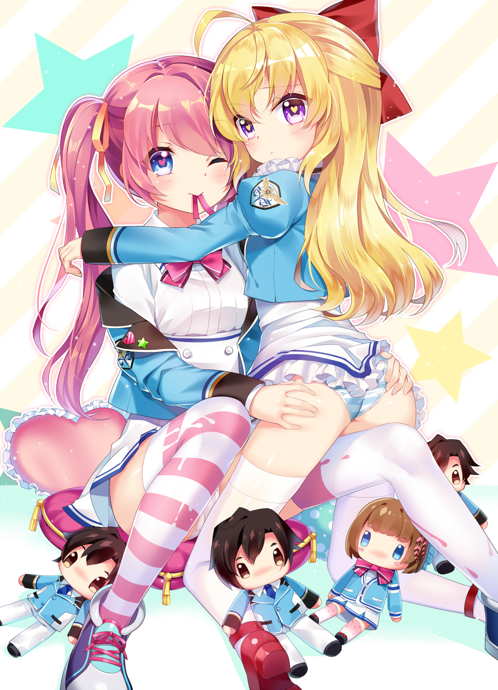 2girls ahoge ass ass_grab bangs blonde_hair blue_eyes blush bow character_doll eyebrows eyebrows_visible_through_hair hair_bow hair_ribbon half_updo heart heart-shaped_pupils highres kneeling long_hair long_sleeves looking_at_viewer looking_back mouth_hold multiple_girls mvv off_shoulder one_eye_closed panties pantyshot pantyshot_(sitting) pillow pink_hair puffy_long_sleeves puffy_sleeves red_bow red_shoes ribbon school_uniform shoe_soles shoes sitting skirt star striped striped_legwear striped_panties symbol-shaped_pupils thigh-highs twintails underwear violet_eyes white_legwear white_panties white_skirt