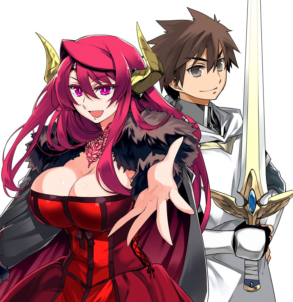 1boy 1girl breasts brown_eyes brown_hair cape cleavage commentary_request demon_girl dress eyebrows eyebrows_visible_through_hair feather_boa female hair_intakes hand_on_hip horns ishida_akira jewelry large_breasts long_hair male maou_(maoyuu) maoyuu_maou_yuusha necklace official_art outstretched_hand pink_eyes red_dress redhead slender_waist slit_pupils smile striped sword tiara vertical-striped_dress vertical_stripes weapon yuusha_(maoyuu)