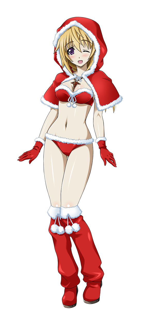 1girl blonde_hair boots bra braid breasts charlotte_dunois cleavage gloves highres infinite_stratos jewelry long_hair looking_at_viewer navel necklace one_eye_closed open_mouth panties red_boots red_bra red_gloves red_panties santa_boots santa_bra santa_gloves santa_panties solo transparent_background underwear violet_eyes