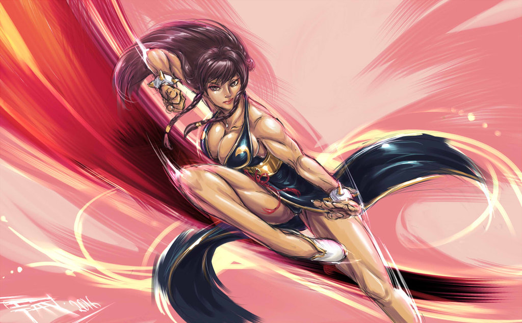 1girl alternate_costume alternate_hairstyle arm_up bangs bare_shoulders black_eyes bracelet braid breasts chun-li cleavage clenched_hand closed_mouth dated faymantra fighting_stance floating_hair hair_tie halterneck jewelry large_breasts leg_lift legs_apart lips long_hair looking_at_viewer motion_blur side_braid sideboob signature sketch solo spiked_bracelet spikes street_fighter street_fighter_v tassel thighs toned twin_braids