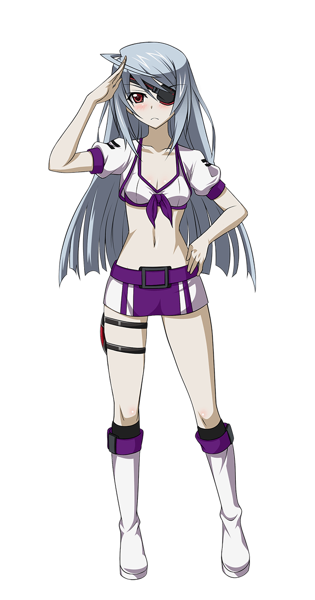1girl black_legwear boots breasts brown_hair cleavage eyepatch hand_on_hip highres infinite_stratos laura_bodewig long_hair looking_at_viewer miniskirt navel shirt silver_hair skirt socks solo tied_shirt transparent_background