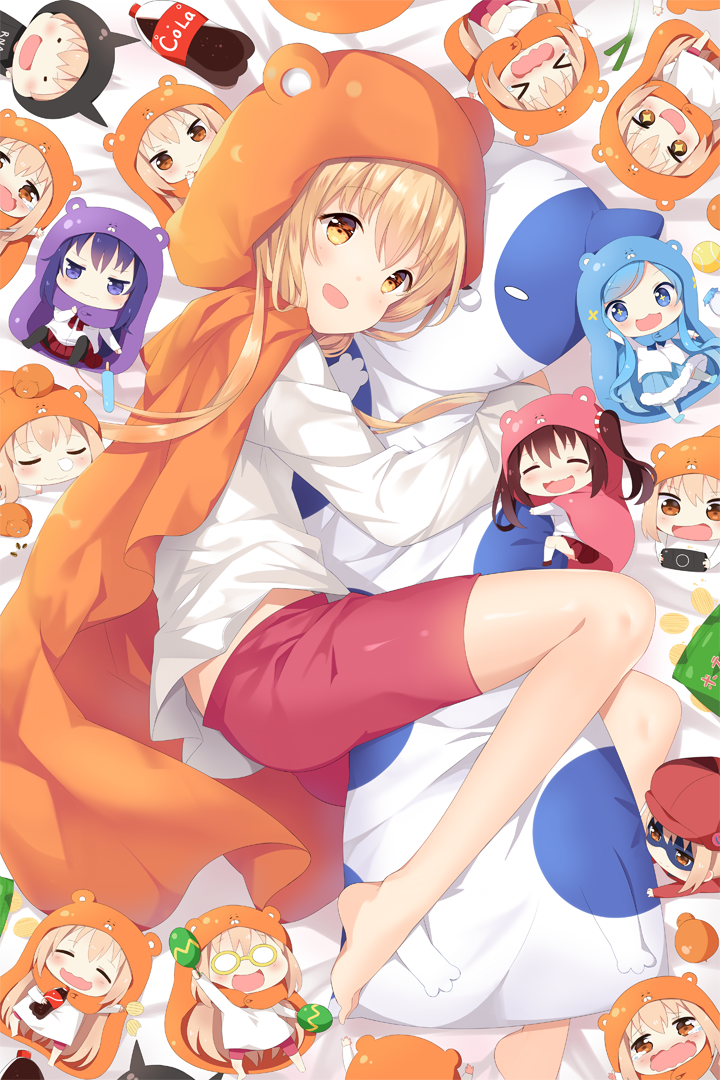 +_+ :d animal_costume bag barefoot bike_shorts black_legwear blonde_hair blue_eyes blue_hair blush bottle brown_eyes brown_hair character_doll character_request cola doma_umaru ebina_nana hamster_costume handheld_game_console hat himouto!_umaru-chan hitsukuya hug komaru long_hair looking_at_viewer lying mask motoba_kirie on_side open_mouth pantyhose playstation_portable potato_chips purple_hair scarf shorts skirt smile soda_bottle solo spring_onion tachibana_sylphynford twintails violet_eyes wavy_mouth