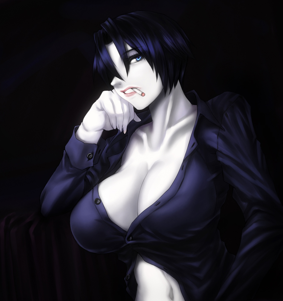 1girl bangs black_hair blue_eyes blue_shirt breasts chiaroscuro cigarette cleavage collarbone curvy dress_shirt hair_over_one_eye hand_on_own_cheek huge_breasts long_sleeves looking_at_viewer mouth_hold no_bra okai one_eye_covered pale_skin parted_lips persona persona_2 serious shirt short_hair smoking solo teeth unbuttoned upper_body yoshizaka_anna