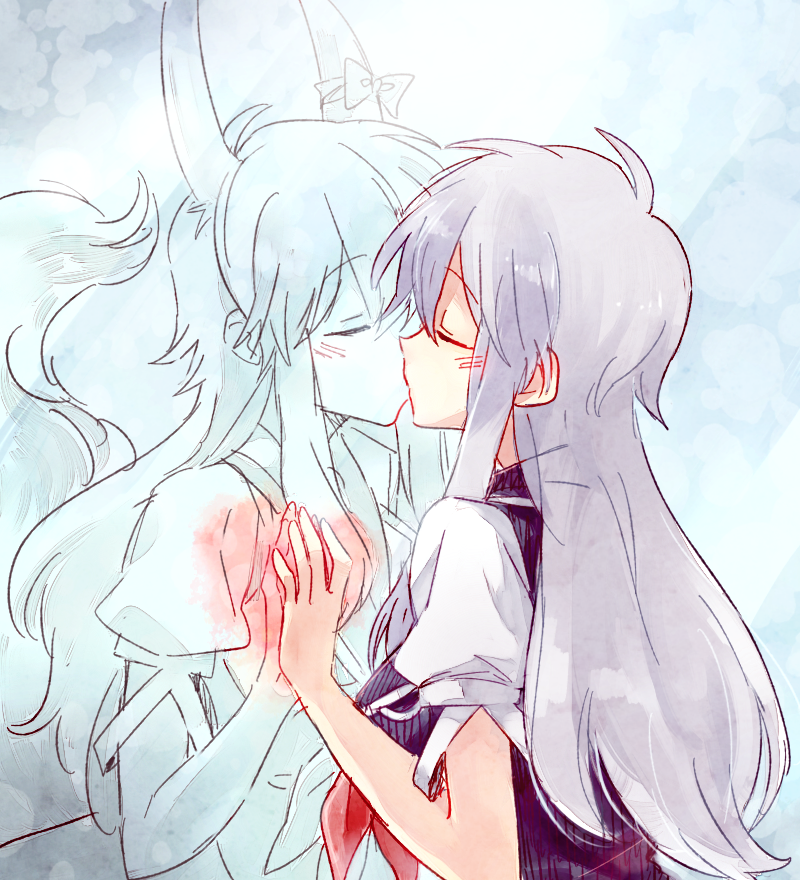 2girls blush closed_eyes commentary_request dual_persona ex-keine grey_hair heart horn_ribbon horns kamishirasawa_keine multiple_girls no_hat reflection ribbon selfcest six_(fnrptal1010) tail touhou yuri