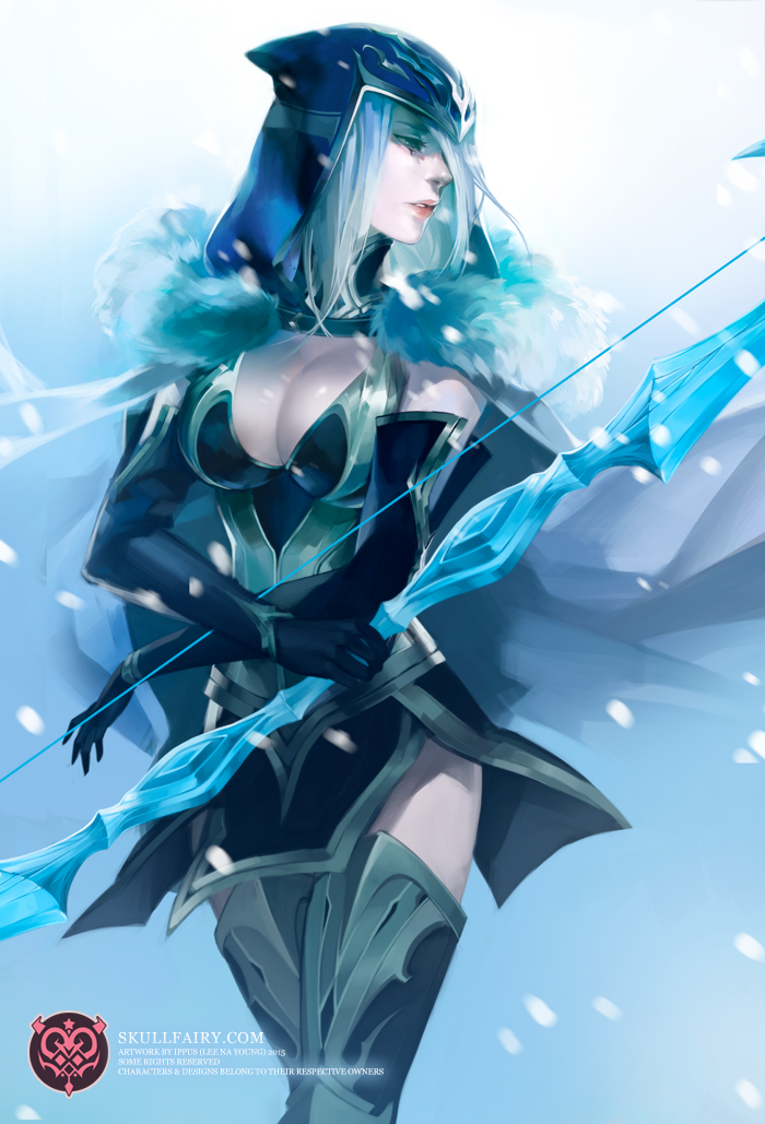 1girl armor armored_boots artist_name ashe_(league_of_legends) boots bow_(weapon) breasts cleavage cloak closed_eyes closed_mouth cowboy_shot elbow_gloves fur gloves helmet hood large_breasts league_of_legends lips looking_to_the_side na_young_lee profile side_slit solo standing thigh-highs thigh_boots thighs weapon white_hair zettai_ryouiki