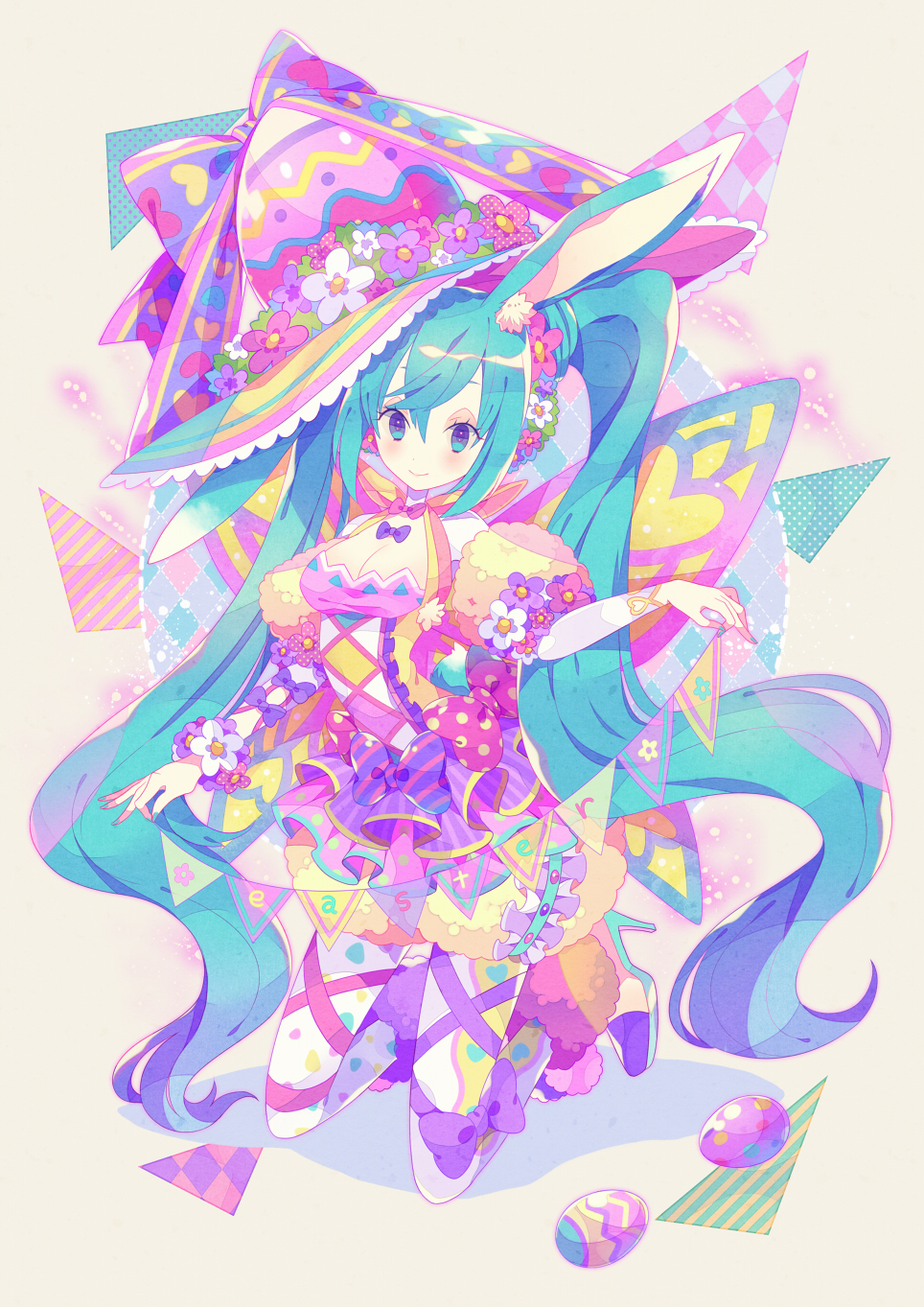 1girl animal_ears aqua_eyes aqua_hair bow bowtie breasts butterfly_wings cleavage commentary_request dress easter easter_egg flower hair_flower hair_ornament hat hat_flower hat_ribbon hatsune_miku high_heels highres kemonomimi_mode kneeling long_hair mismatched_legwear pantyhose rabbit_ears ribbon smile solo string_of_flags twintails very_long_hair vocaloid wings yumenouchi_chiharu