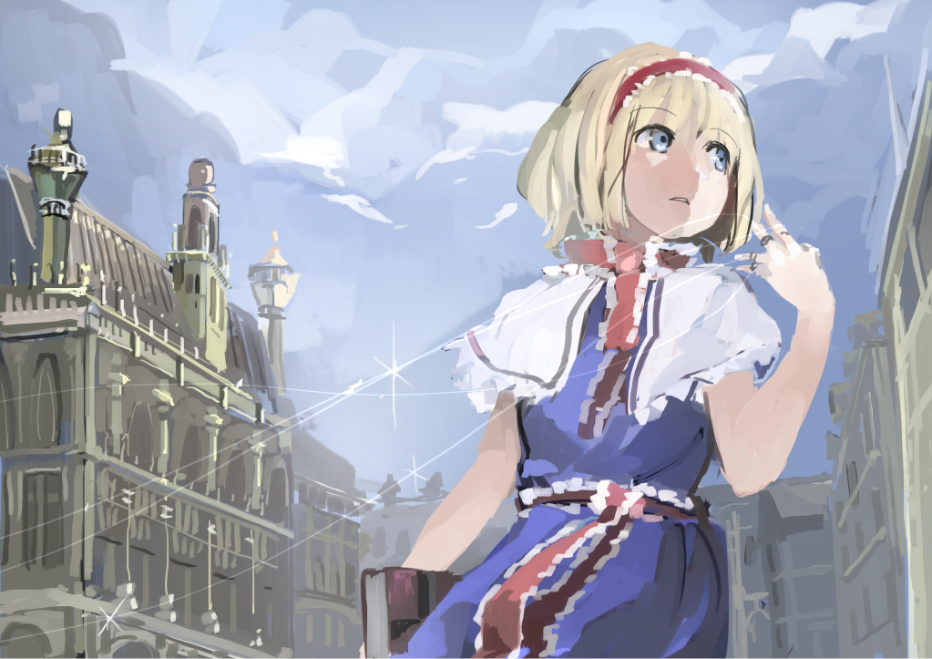 1girl alice_margatroid blonde_hair blue_dress blue_eyes building capelet clouds cloudy_sky dress grimoire_of_alice hairband ichiba_youichi lolita_hairband puppet_rings puppet_strings sash sky solo touhou