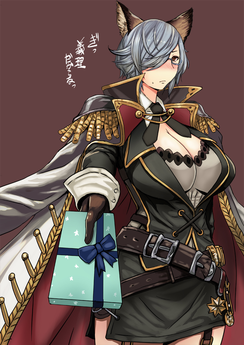 1girl animal_ears badge belt blush box breasts brown_background brown_eyes buttons cape cleavage epaulettes freesia_von_bismarck garter_straps gift gift_box glasses gloves granblue_fantasy grey_hair hair_over_one_eye holding holding_gift incoming_gift kokuryuugan large_breasts long_sleeves military military_uniform pencil_skirt semi-rimless_glasses short_hair simple_background skirt solo under-rim_glasses uniform valentine