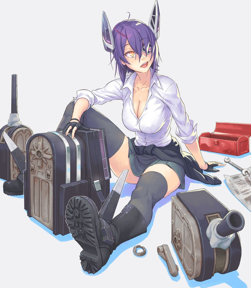 1girl :d and black_gloves black_legwear boots breasts cleavage clothes_around_waist eyepatch gloves headgear kantai_collection knee_up open_mouth purple_hair sitting skirt smile solo teeth tenryuu_(kantai_collection) thigh-highs toolbox turret wrench yellow_eyes