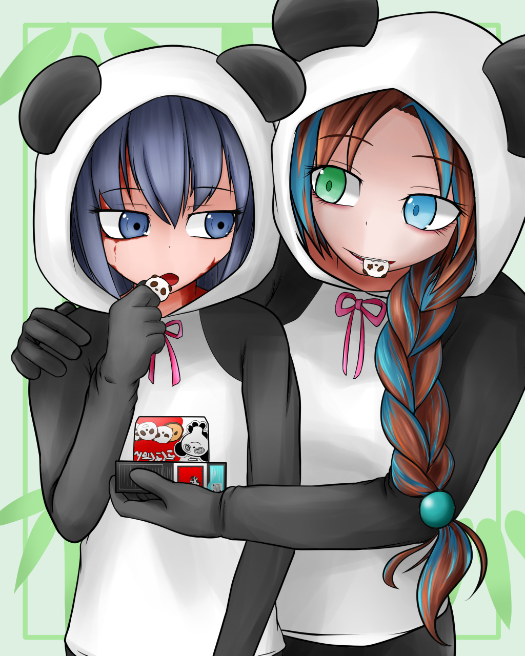2girls alternate_costume animal_costume black_hair blue_eyes blue_hair box braid brown_hair burn_scar character_request copyright_request dorei_to_no_seikatsu_~teaching_feeling~ eating green_eyes hand_on_another's_shoulder heterochromia highres hood hug long_hair looking_at_another me2o mouth_hold multicolored_hair multiple_girls open_mouth panda_costume panda_hood scar single_braid streaked_hair sylvie_(dorei_to_no_seikatsu) two-tone_hair