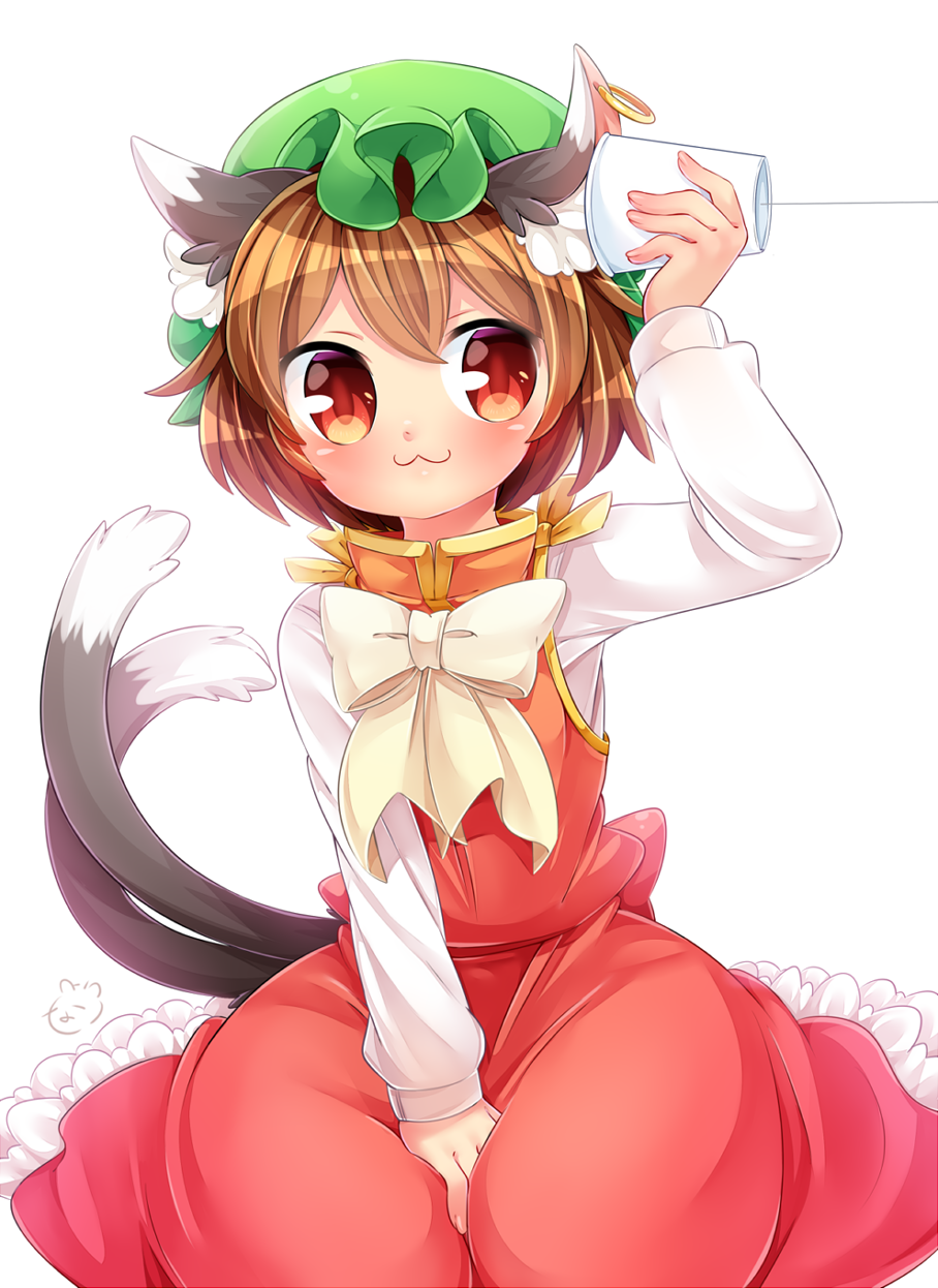 1girl :3 animal_ears brown_eyes brown_hair cat_ears cat_tail chen closed_mouth commentary_request green_hat hat highres ibarashiro_natou jewelry long_sleeves mob_cap multiple_tails nekomata short_hair single_earring solo string_phone tail touhou two_tails