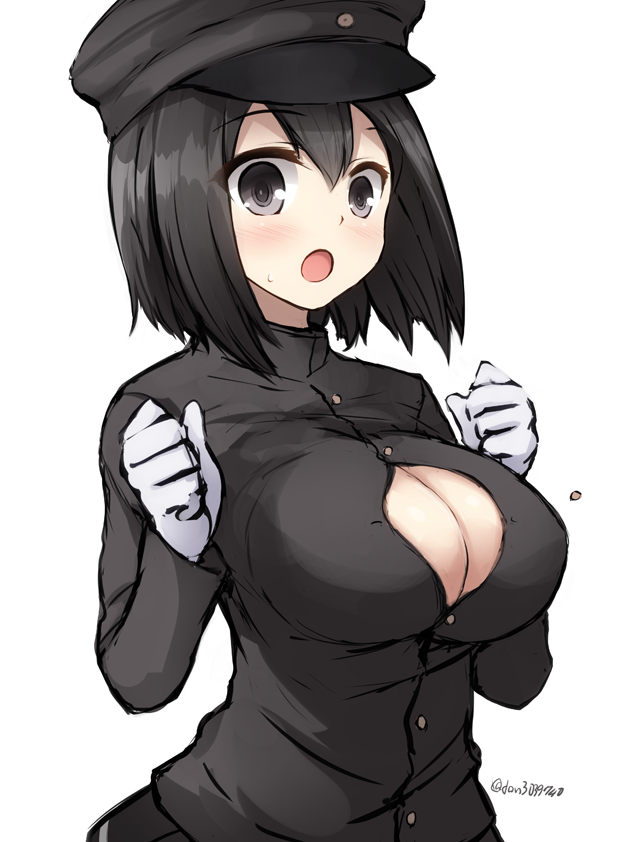 1girl akitsu_maru_(kantai_collection) black_eyes black_hair black_hat breasts cleavage_cutout don_(29219) from_side gloves hat kantai_collection large_breasts looking_at_viewer military military_uniform open_mouth peaked_cap short_hair solo unbuttoned uniform upper_body wardrobe_malfunction white_gloves