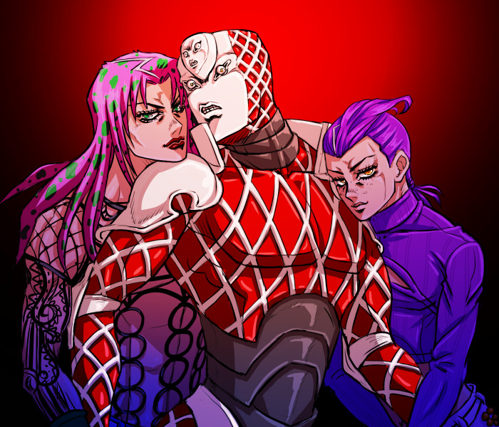 2boys c-7_(assate) diavolo fishnets freckles green_eyes jojo_no_kimyou_na_bouken king_crimson_(stand) lipstick long_hair makeup male_focus multiple_boys orange_eyes pink_hair purple_hair red_lipstick ribbed_sweater smile stand_(jojo) sweater upper_body vinegar_doppio