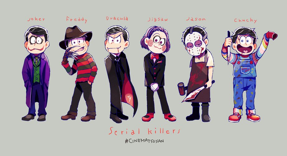 6+boys :&lt; a_nightmare_on_elm_street apron batman_(series) black_hair blood blood_on_face bloody_clothes bow bowtie brothers cape character_name child's_play chucky chucky_(cosplay) claws cosplay dracula dracula_(cosplay) fangs fedora formal freddy_krueger freddy_krueger_(cosplay) friday_the_13th grey_background hair_slicked_back hairband hand_in_pocket hands_in_pockets hat hockey_mask jason_voorhees jason_voorhees_(cosplay) jigsaw_(character) jigsaw_(cosplay) knife lineup machete male_focus mallet matsuno_choromatsu matsuno_ichimatsu matsuno_juushimatsu matsuno_karamatsu matsuno_osomatsu matsuno_todomatsu messy_hair multiple_boys open_mouth osomatsu-kun osomatsu-san overalls saw_(movie) shirt siblings simple_background sleeves_past_wrists smile striped striped_shirt suit the_dark_knight the_joker the_joker_(cosplay) trench_coat tsuyuxxx