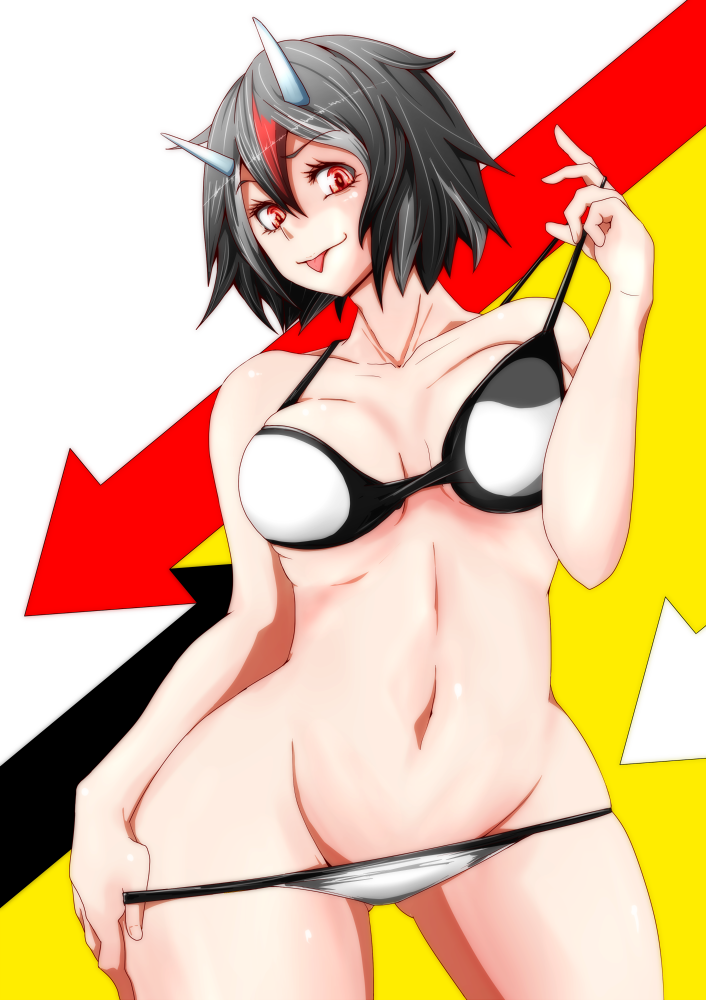 1girl bangs bikini bikini_pull black_hair breasts collarbone commentary_request cowboy_shot directional_arrow germany hair_between_eyes hips horns kijin_seija looking_at_viewer navel neck outline potato_pot red_eyes redhead shiny shiny_hair shiny_skin short_hair side_glance skindentation solo swimsuit thighs tongue tongue_out touhou white_background white_hair