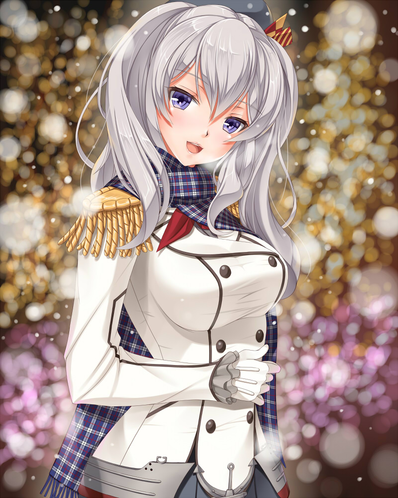 1girl :d anchor belt beret black_hat blue_scarf blurry_background blush bow breasts breath buttons coat cowboy_shot double-breasted epaulettes eyebrows eyebrows_visible_through_hair frilled_sleeves frills gloves grey_skirt hair_between_eyes hand_on_own_stomach hat head_tilt hobenkei kantai_collection kashima_(kantai_collection) kerchief large_breasts lavender_eyes light long_hair long_sleeves looking_at_viewer military military_uniform open_mouth plaid plaid_scarf pleated_skirt red_ribbon ribbon round_teeth scarf short_twintails silver_hair skirt smile snow snowing solo teeth twintails uniform upper_body violet_eyes wavy_hair white_coat white_gloves