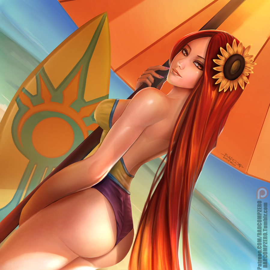1girl alternate_costume ass badcompzero bare_back breasts brown_eyes brown_hair dutch_angle flower hair_flower hair_ornament league_of_legends leona_(league_of_legends) lips long_hair looking_at_viewer looking_back nail_polish one-piece_swimsuit sideboob signature smile solo sunflower surfboard swimsuit thighs umbrella very_long_hair