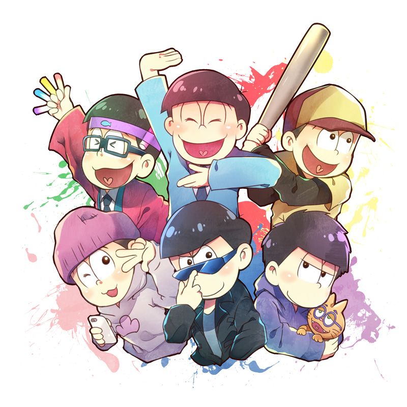 6+boys ;3 baseball_uniform beanie bespectacled black_hair blue_necktie brothers cat cellphone closed_eyes esper_nyanko formal glasses glowstick green_eyes happi hat heart heart_in_mouth jacket leather leather_jacket male_focus matsuno_choromatsu matsuno_ichimatsu matsuno_juushimatsu matsuno_karamatsu matsuno_osomatsu matsuno_todomatsu multiple_boys necktie osomatsu-kun osomatsu-san paint_splatter phone sheeeh! shiomizu_(swat) siblings smartphone sportswear suit sunglasses