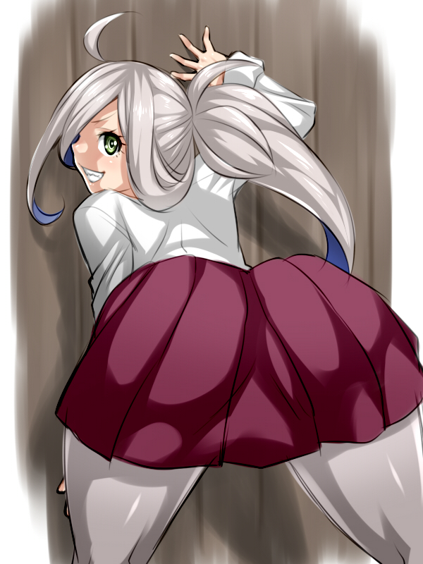 1girl ahoge asashimo_(kantai_collection) ass dress green_eyes grey_hair hair_over_one_eye hand_on_wall kantai_collection leaning_forward long_hair long_sleeves looking_at_viewer looking_back multicolored_hair pantyhose pleated_skirt ponytail purple_hair purple_legwear r44 school_uniform skirt sleeveless sleeveless_dress solo teeth white_blouse