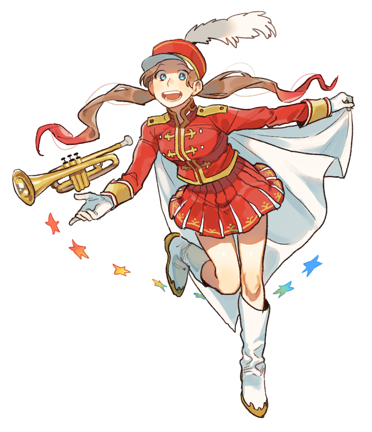 1girl band_uniform blue_eyes boots cape cdov34 full_body gloves hat instrument marching_band original shako_cap simple_background skirt smile solo standing_on_one_leg star trumpet twintails white_background white_gloves