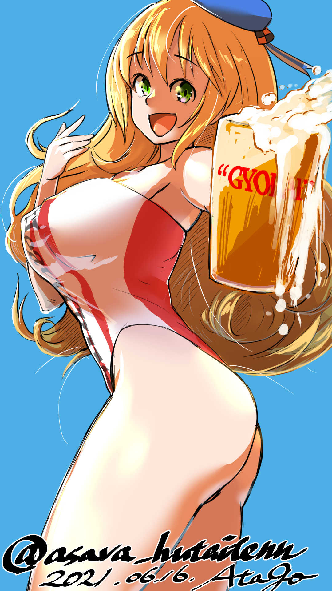 1girl alcohol asava_(hutaitenn) atago_(kancolle) beer beer_mug beret blonde_hair blue_background blue_headwear breasts character_name cowboy_shot cup dated green_eyes hat highres kantai_collection large_breasts long_hair looking_at_viewer mug one-hour_drawing_challenge solo strapless strapless_swimsuit swimsuit twitter_username white_swimsuit