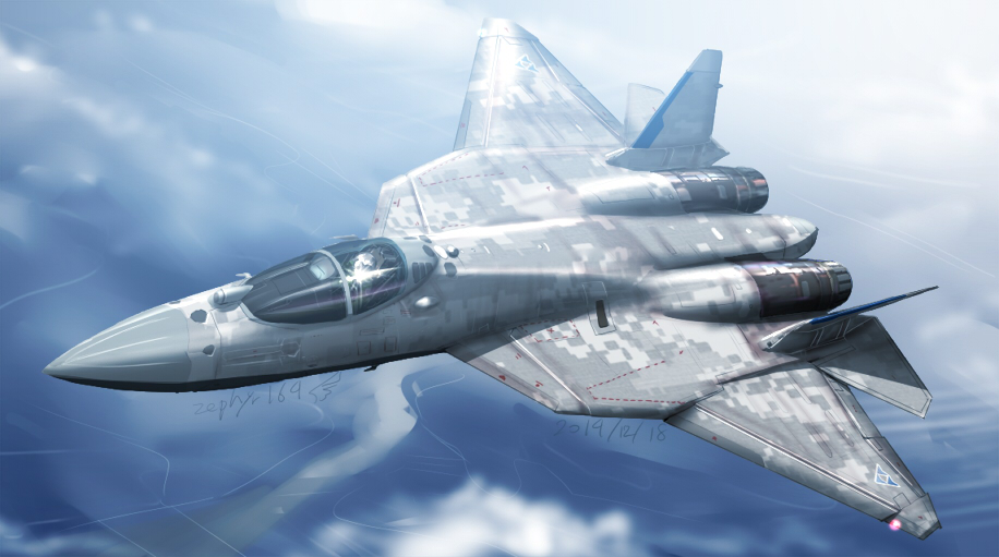 2014 ace_combat airplane camouflage clouds commentary_request day digital_camouflage fighter_jet flying jet machinery outdoors pak_fa real_life realistic signature zephyr164