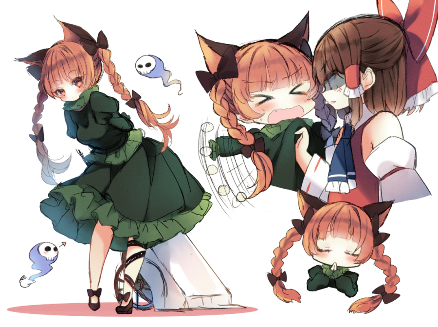 &gt;_&lt; 2girls afterimage anger_vein angry animal_ears arms_behind_back bangs black_bow black_shoes blunt_bangs blush bow braid breasts brown_hair cat_ears cat_tail closed_eyes clothes_grab cravat directional_arrow extra_ears eyebrows eyebrows_visible_through_hair frilled_skirt frills ghost green_skirt hair_bow hakurei_reimu half_updo heart juliet_sleeves kaenbyou_rin leaning_forward leg_ribbon long_hair long_sleeves looking_at_viewer multiple_girls multiple_views nekomata own_hands_together peeking piyokichi profile puffy_sleeves red_bow red_eyes red_ribbon redhead ribbon ribbon-trimmed_sleeves ribbon_trim shaded_face shoes sketch skirt standing tail touhou waving_arms white_background