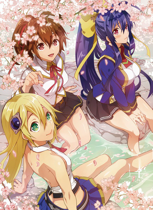 3girls ahoge antenna_hair backless_outfit bare_legs bare_shoulders barefoot between_legs black_skirt blazblue blazblue:_chronophantasma blazblue_remix_heart blonde_hair blue_hair blue_skirt blush bow breast_press breast_squeeze breasts brown_eyes brown_hair celica_a_mercury cherry_blossoms feet_in_water flower from_behind genderswap green_eyes hair_between_eyes hair_bow hair_ornament hair_ribbon hand_between_legs hands_together large_breasts legs long_hair long_sleeves looking_at_viewer looking_back mai_natsume mtf multiple_girls nail_polish navel necktie noel_vermillion official_art onsen open_mouth partially_submerged petals pleated_skirt ponytail raised_hand ribbon rock school_uniform sitting skirt small_breasts smile soaking_feet sumeshi_(ambivalince) tree v_arms very_long_hair violet_eyes water wet
