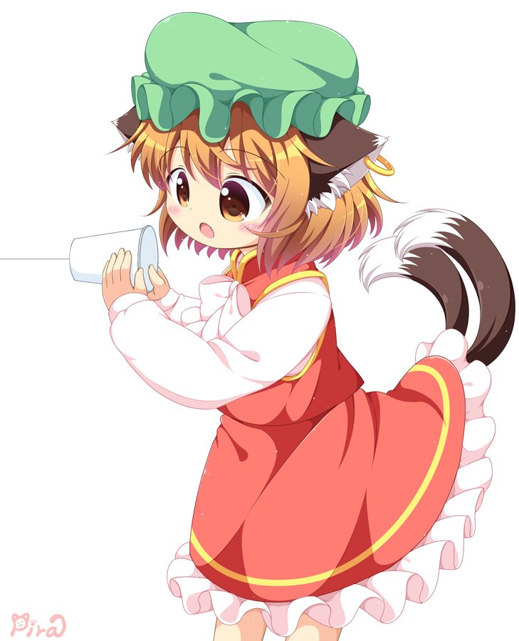 1girl animal_ears brown_eyes brown_hair cat_ears cat_tail chen commentary_request fang green_hat hat jewelry long_sleeves mob_cap multiple_tails nekomata open_mouth pila-pela short_hair single_earring solo string_phone tail touhou two_tails