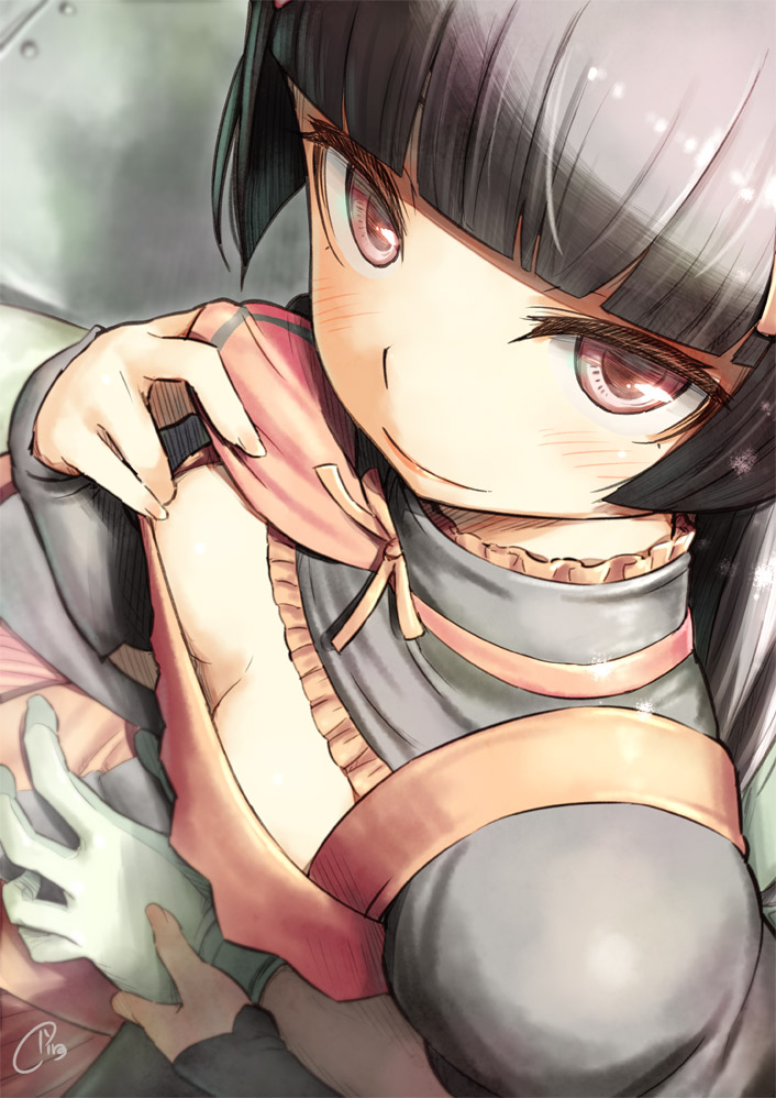 1girl bangs black_hair blunt_bangs blurry blush closed_mouth colored_eyelashes depth_of_field downblouse frills from_above gate_-_jieitai_ka_no_chi_nite_kaku_tatakaeri gloves holding_hands lifted_by_self long_hair long_sleeves looking_at_viewer out_of_frame piro_(orip) pov red_eyes ribbon rory_mercury signature small_breasts smile snowing solo_focus turtleneck upper_body