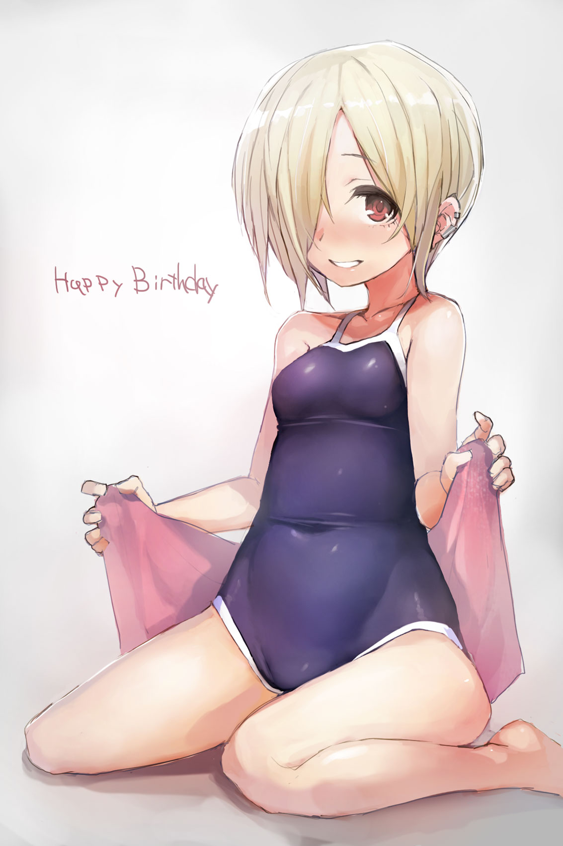 1girl :d bare_arms bare_legs bare_shoulders barefoot blonde_hair blue_swimsuit blush collarbone competition_school_swimsuit covered_navel english grey_background hair_over_one_eye happy_birthday highres idolmaster idolmaster_cinderella_girls knees_together_feet_apart looking_at_viewer nose_bubble one-piece_swimsuit open_mouth red_eyes school_swimsuit shirasaka_koume short_hair simple_background sitting skin_tight small_breasts smile solo swimsuit taishi_(picchiridou) tareme teeth text towel wariza