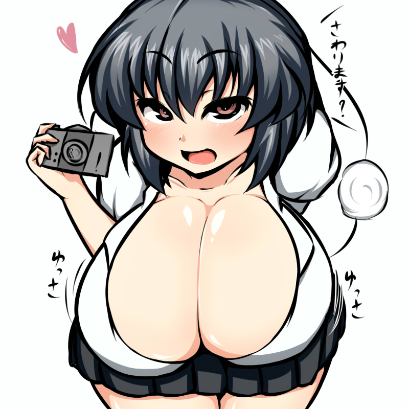 1girl bent_over black_hair blush breasts camera cleavage collarbone commentary heart huge_breasts looking_at_viewer moyashi_udon naughty_face red_eyes seductive_smile shameimaru_aya short_hair smile solo thighs touhou