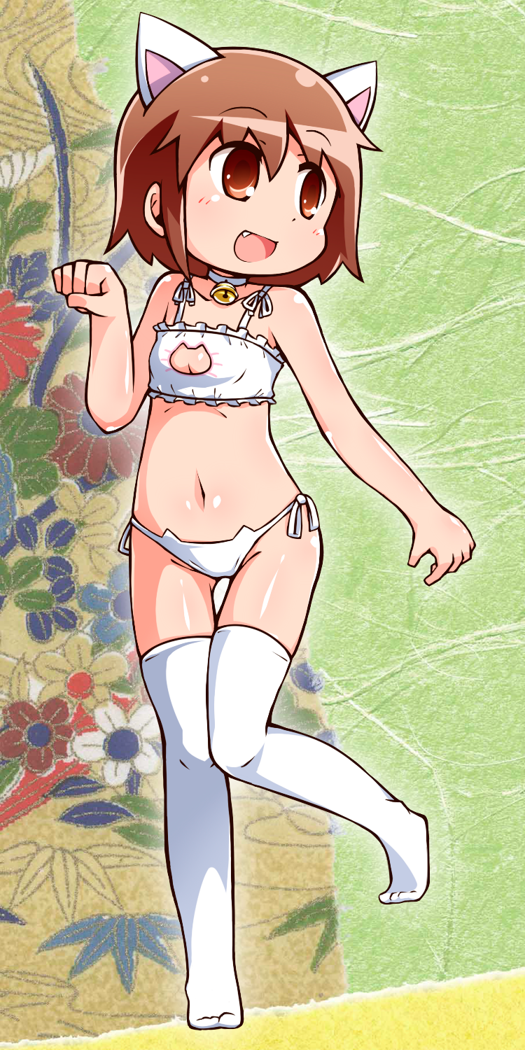 1girl :d animal_ears bell bell_choker bra brown_eyes brown_hair cat_cutout cat_ear_panties cat_ears cat_lingerie choker cleavage_cutout collar commentary_request fang frilled_bra frills full_body groin highres jinnouchi_akira kill_me_baby navel no_shoes open_mouth oribe_yasuna panties paw_pose short_hair side-tie_panties smile solo stomach thigh-highs underwear white_bra white_legwear white_panties