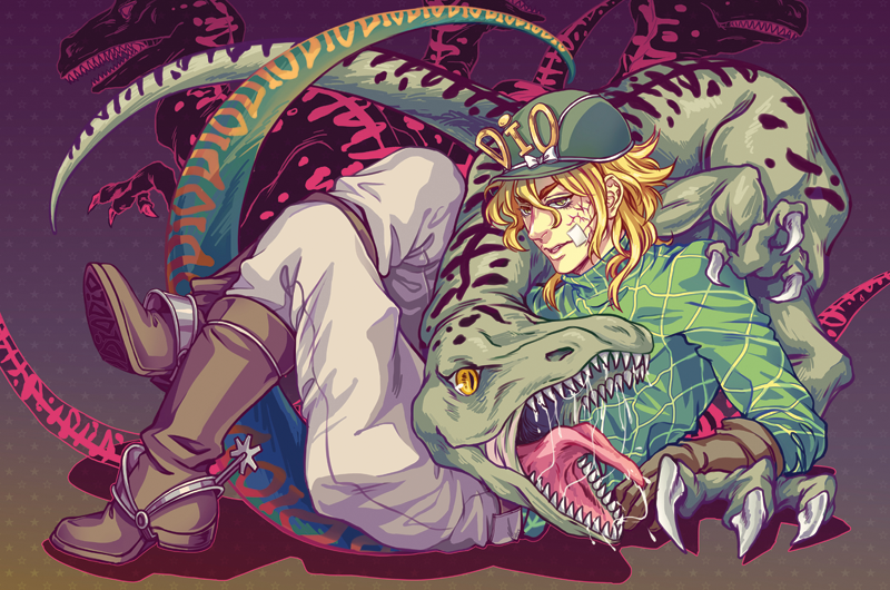 1boy asterisque bandage_on_face blonde_hair boots bow brown_boots brown_gloves cracked_skin diego_brando dinosaur dinosaur_tail full_body gloves gradient gradient_background hat jojo_no_kimyou_na_bouken male_focus polka_dot polka_dot_background saliva scary_monsters_(stand) sharp_teeth spurs steel_ball_run tail teeth