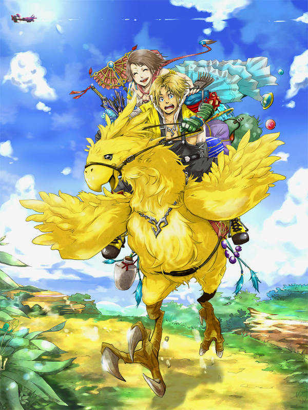 1boy 1girl blonde_hair breasts brown_hair chocobo final_fantasy final_fantasy_x final_fantasy_x-2 hair_ornament jewelry necklace short_hair smile tidus yomugi yuna_(ff10)
