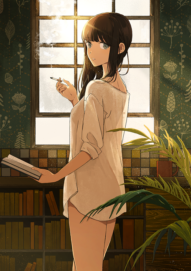 1girl back backlighting bangs between_fingers blue_eyes blunt_bangs book bookshelf bottomless breasts brown_hair cigarette cup dust from_behind holding holding_book holding_cigarette indoors kurokeisin light_particles long_hair long_sleeves looking_at_viewer looking_back mug naked_shirt open_book original oversized_clothes palm_tree palms parted_lips plant see-through see-through_silhouette shirt sleeves_rolled_up smoke smoking solo standing sunlight tile_wall tiles tree wallpaper_(object) white_shirt window