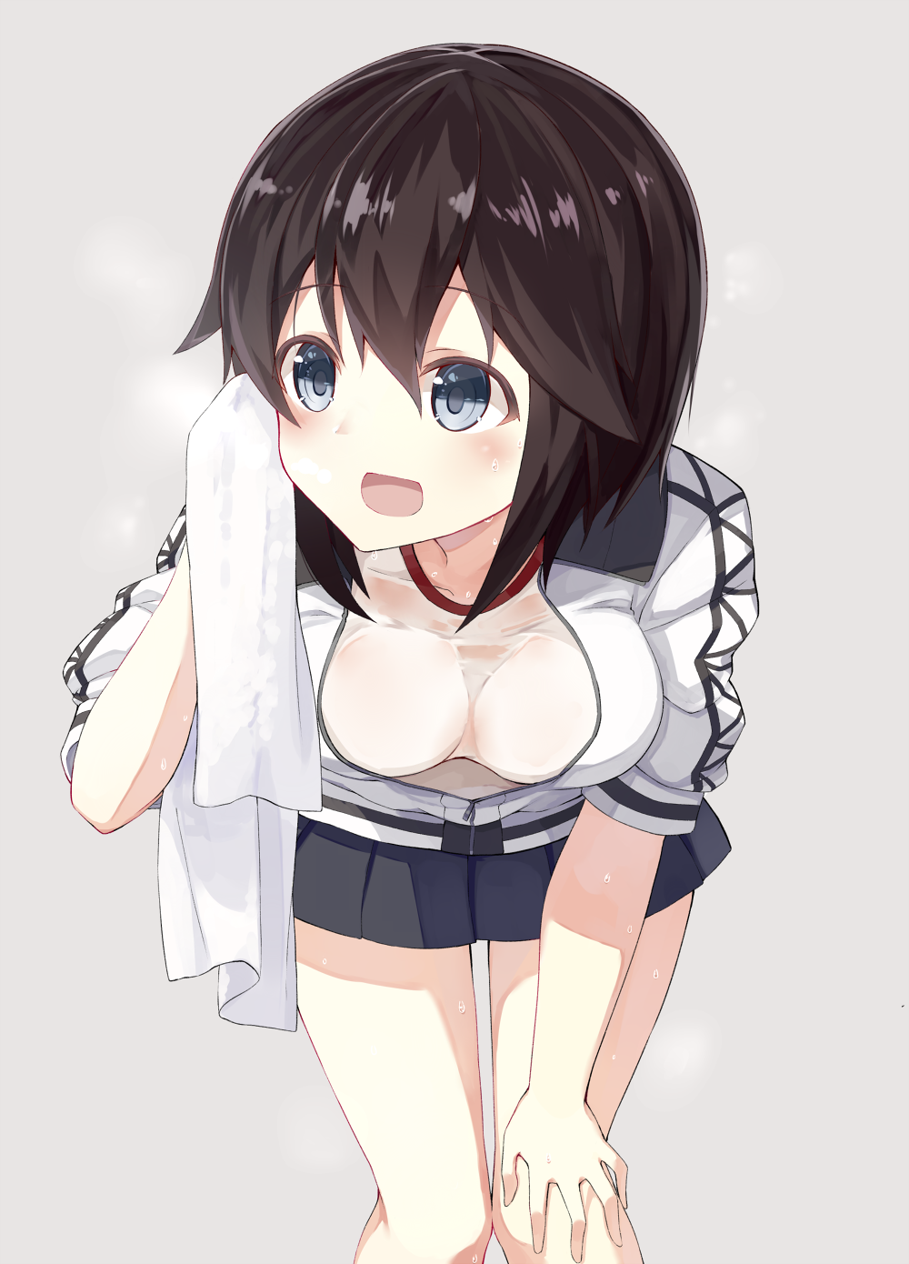 1girl black_hair black_skirt blue_eyes blush breasts gym_shirt hand_on_own_knee hayasui_(kantai_collection) highres jacket kantai_collection leaning_forward long_sleeves looking_to_the_side miniskirt open_clothes open_jacket open_mouth pleated_skirt shikuro_(iorimiyakiyo) shirt short_hair simple_background skirt smile solo sweat towel track_jacket track_suit wet wet_clothes wet_shirt wiping_sweat zipper