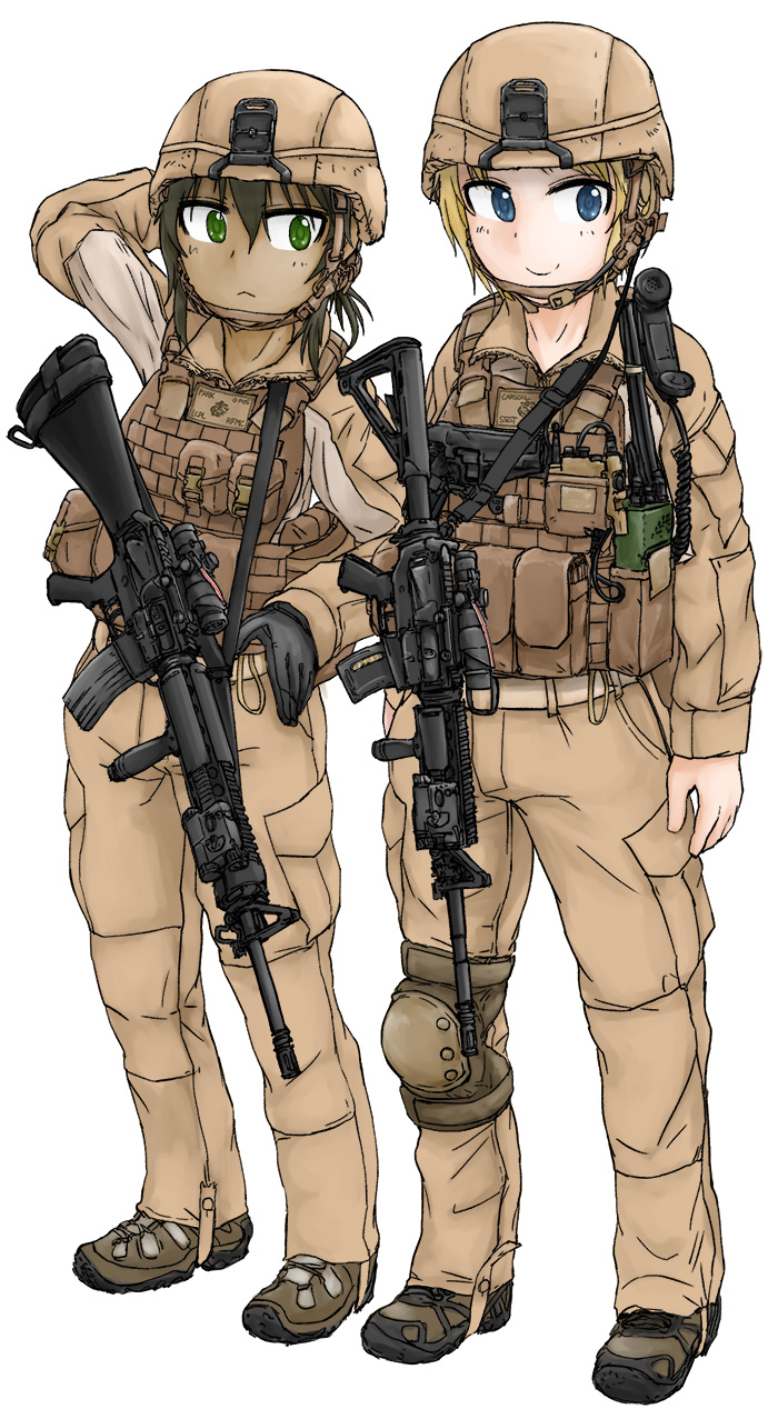 2girls acog ammunition_pouch assault_rifle black_hair blonde_hair blue_eyes dutchko foregrip green_eyes gun handgun hat helmet highres holster knee_pads laser_sight load_bearing_vest m16 m4_carbine military military_hat military_uniform multiple_girls original pistol plate_carrier radio rifle scope short_hair simple_background sling smile uniform vertical_foregrip walkie-talkie weapon white_background