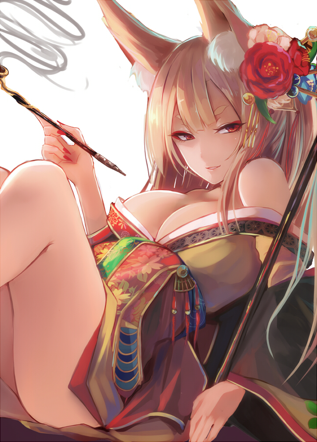 1girl animal_ears bare_shoulders blonde_hair breasts cleavage eyeliner flower fox_ears hair_ornament holding_pipe japanese_clothes kimono kiseru large_breasts long_hair looking_at_viewer makeup nail_polish nakaichi_(ridil) original parted_lips pipe red_eyes red_nails short_eyebrows smile smoke smoking_pipe solo
