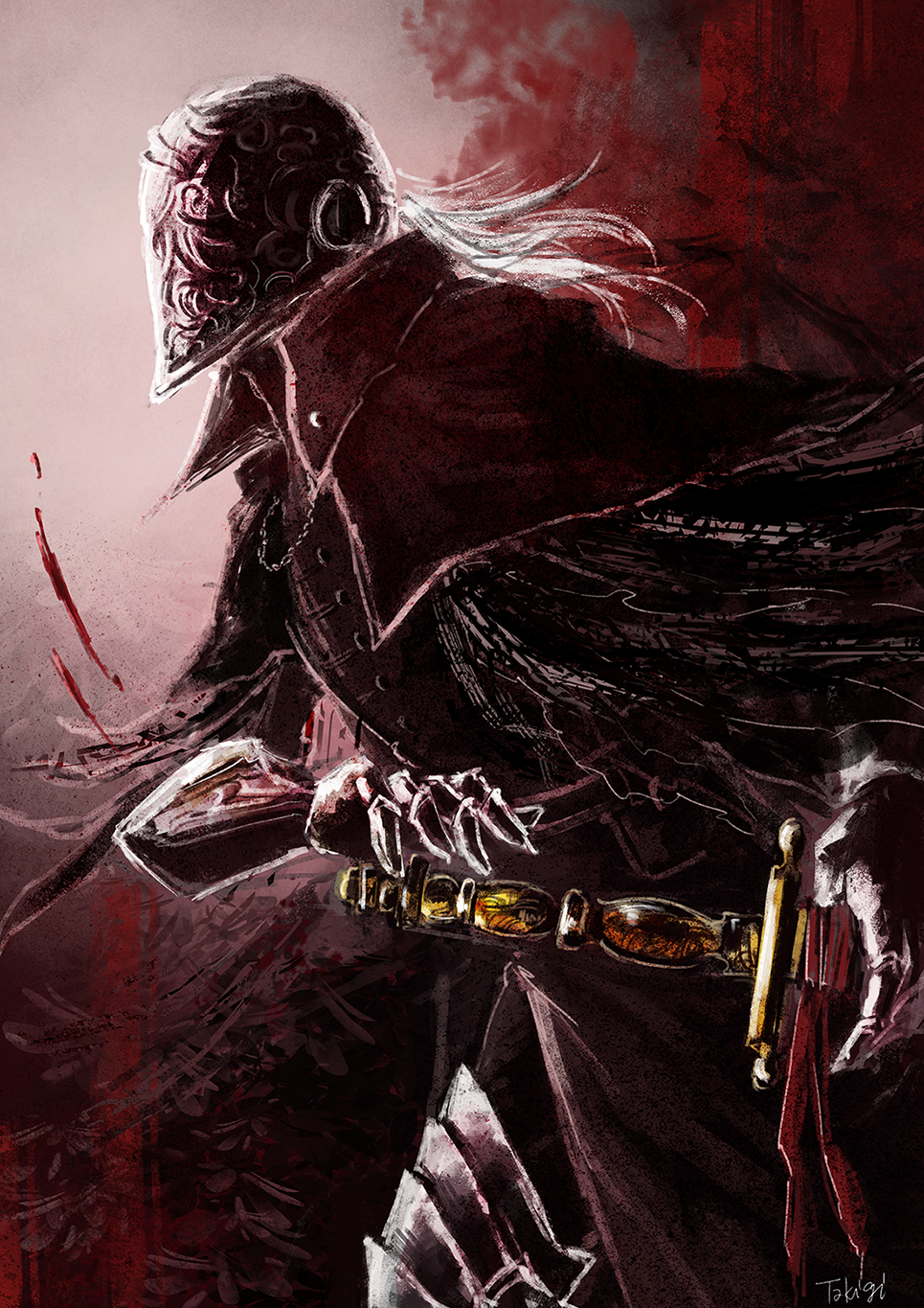 1boy artist_name bloodborne bloody_crow_of_cainhurst cape commentary_request drawing_sword feathers gauntlets hand_on_sword helmet highres jacket male_focus solo takigi_(takigi-bf) white_hair