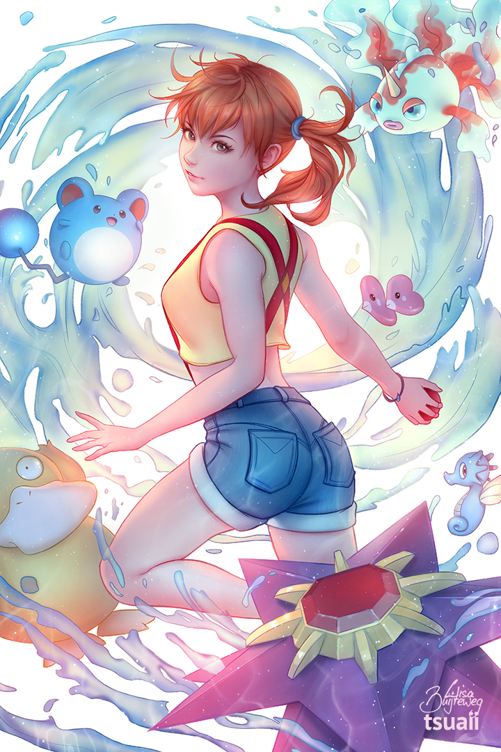 1girl bracelet collaboration commentary denim denim_shorts goldeen horsea jewelry jonathan_hamilton kasumi_(pokemon) looking_at_viewer looking_back luvdisc marill midriff nintendo orange_hair pokemon pokemon_(anime) pokemon_(creature) psyduck shorts side_ponytail starmie suspenders water zolaida