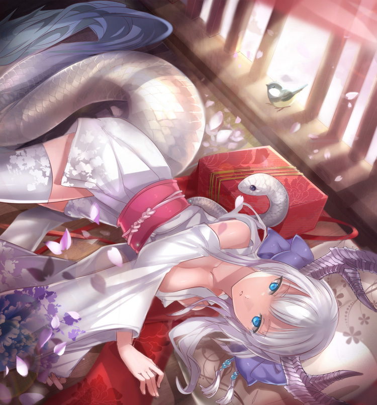 1girl animal bird blue_eyes collarbone detached_sleeves floral_print from_above horns indoors japanese_clothes kimono long_hair looking_at_viewer looking_up lying obi original petals samu_(a117216) sash short_kimono snake solo thigh-highs white_hair white_legwear white_snake wide_sleeves