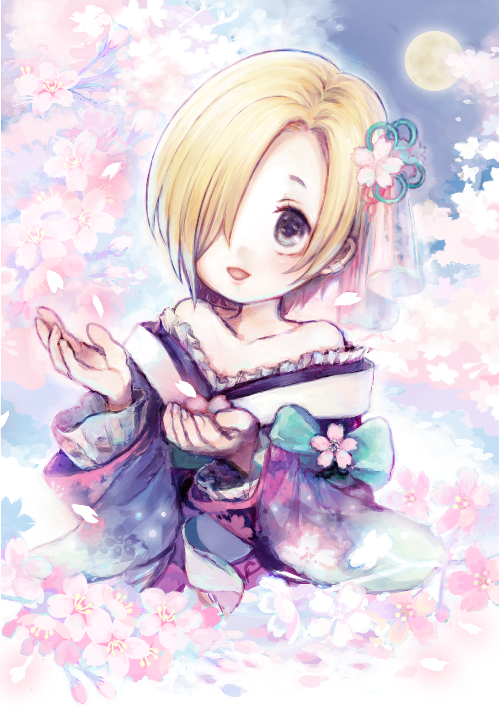 1girl bags_under_eyes bare_shoulders blonde_hair blush brown_eyes commentary_request earrings flower hair_ornament hair_over_one_eye highres idolmaster idolmaster_cinderella_girls japanese_clothes jewelry kimono konica46 open_mouth piercing shirasaka_koume short_hair smile solo