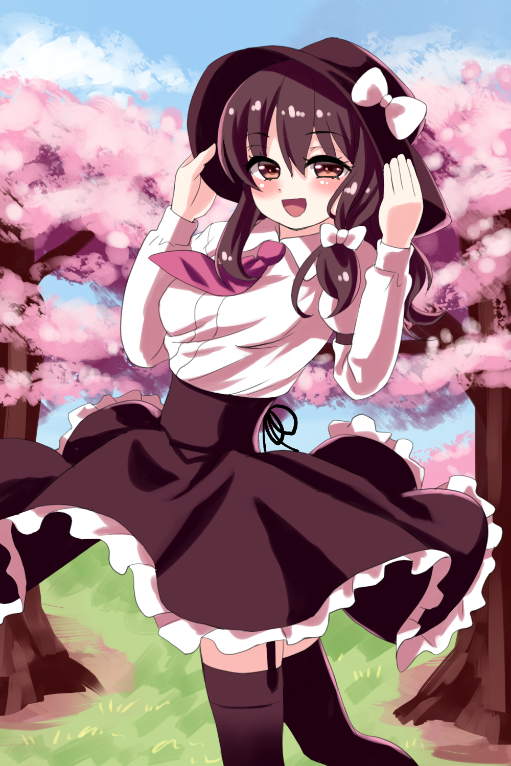 1girl black_hair black_legwear black_skirt blue_sky blush bow breasts cherry_blossoms clouds collared_shirt cowboy_shot day douji frilled_skirt frills garter_straps grass hair_bow hands_on_headwear hat hat_bow highres long_hair long_sleeves looking_at_viewer necktie open_mouth red_eyes red_necktie ribbon shiny shiny_hair shirt skirt sky smile solo spinning thigh-highs touhou tree usami_renko