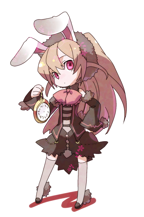 bad_id brown_hair bunny_ears chibi ira96 long_hair pink_eyes pocket_watch rabbit_ears ribbon simple_background skirt watch