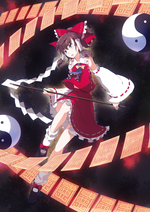 blue_eyes brown_hair detached_sleeves hakurei_reimu ira96 ribbon short_hair skirt socks touhou