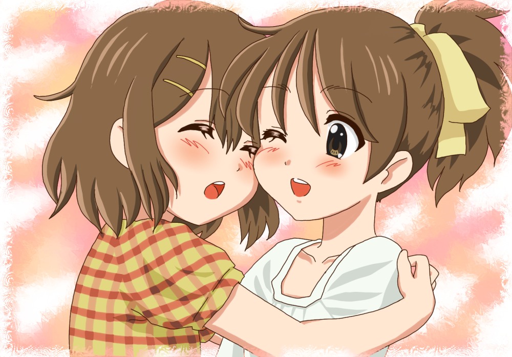 blush brown_eyes brown_hair chunpai closed_eyes hirasawa_ui hirasawa_yui hug k-on! multiple_girls ponytail short_hair siblings sisters