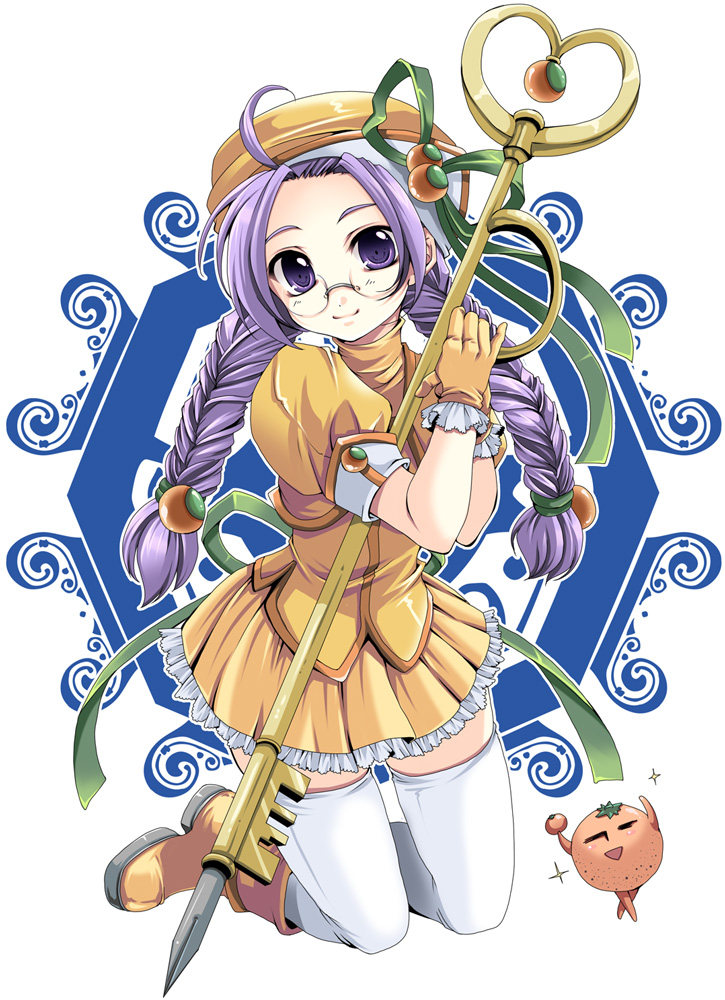 boots braid dress food food_themed_clothes fruit glasses gloves hat key kneeling long_hair orange original oversized_object purple_eyes purple_hair shinolion smile solo staff thigh-highs thighhighs twin_braids violet_eyes white_legwear white_thighhighs